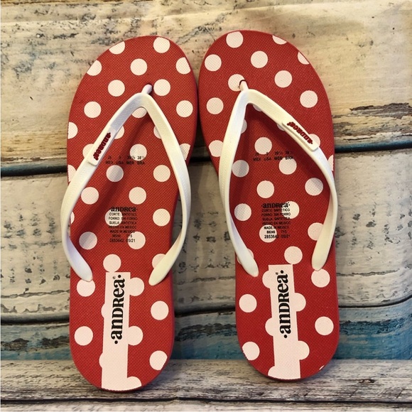 ❄️(5/$30) Andrea Sandals Flip Flops Beach Polka Dot Red White Size 9 - Picture 3 of 7